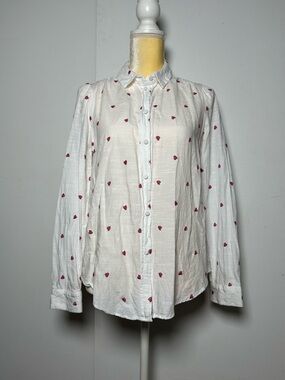 LC Lauren Conrad White Button-Up Blouse with Red Heart Embroidery Size S